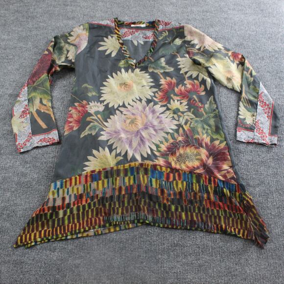 Johnny Was Top Womens Small Floral 100% Silk Tunic Blouse Boho Colorful Chic - Picture 1 of 14
